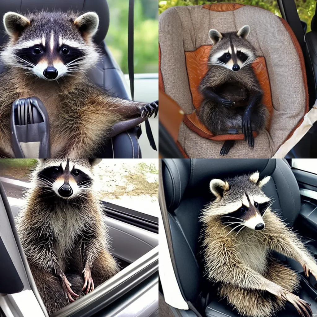 Prompt: a raccoon sitting in a car seat wearing a shirt covered in sauce