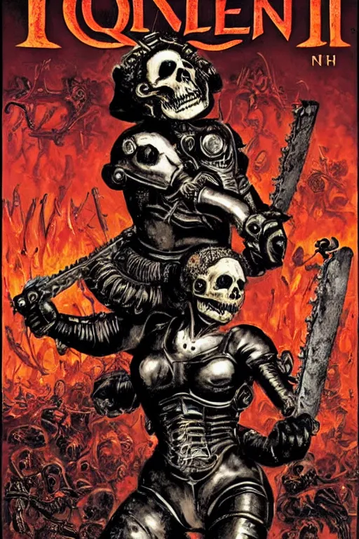 Image similar to Queen Elizabeth 2 with a chainsaw in her hands fights with an army of skeletons in hell, in the style of the cover of the 2 part of doom,