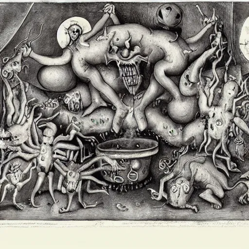 Image similar to monsters consumed transformed transmutation in a fiery alchemical cauldron, painted by bosch hell creatures