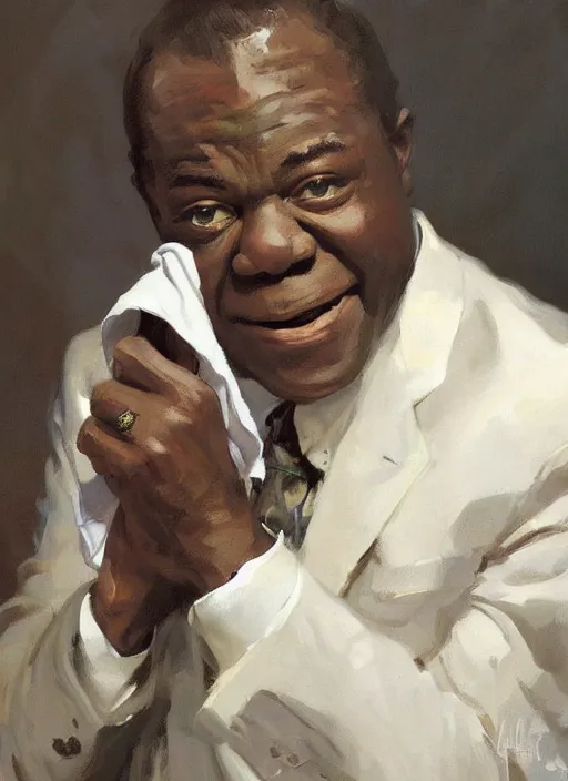 Prompt: a portrait of louis armstrong holding a white handkerchief, by greg manchess and john singer sargent and jonathan yeo, dramatic lighting, highly detailed digital painting