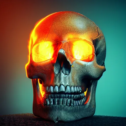Image similar to a highly detailed human skull on fire in front of a glowing red background, 3 d, highly detailed, digital art, artstation, concept art, trending