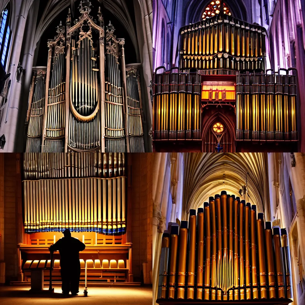 Prompt: A janitor playing the pipe organ in a cathedral late at night, 4k