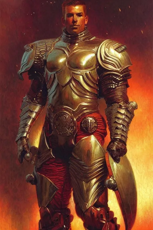 Prompt: attractive beefy male with armor, character design, colorful, cyberpunk, painting by gaston bussiere, craig mullins, j. c. leyendecker, tom of finland