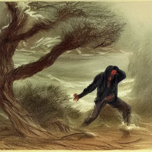 Prompt: The drawing shows a man caught in a storm, buffeted by wind and rain. He clings to a tree for support, but the tree is bent nearly double by the force of the storm. The man's clothing is soaked through and his hair is plastered to his head. His face is contorted with fear and effort. by William Trost Richards natural