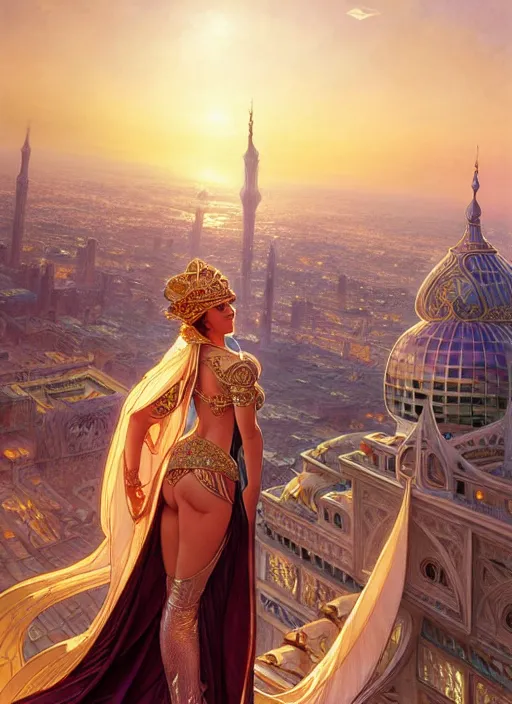 Image similar to an arabian princess looking over her city, shiny, fantasy, intricate, elegant, hyper detailed, ultra definition, photoreal, artstation, unreal engine rendered, concept art, smooth, sharp focus, illustration, art by artgerm and greg rutkowski and alphonse mucha and garis edelweiss