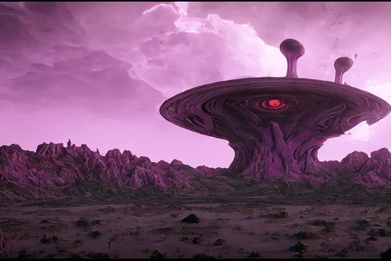 Prompt: a grotesque alien landscape, purple sky and weird alien structures, cinematic, unreal engine 5