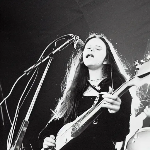 Image similar to 1 9 - year - old girl in a traditional doom metal band, live in concert, live 1 9 8 6, united kingdom flags, playing electric guitar, headbanging slowly, crowd of longhairs, super 8 mm