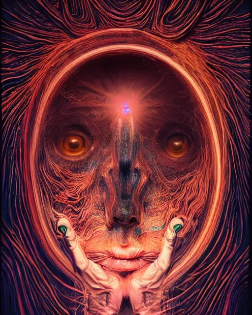 Image similar to realistic portrait of a creature experiment gone wrong, opened portal, psychedelic, dark art, facing camera, photo realistic, detailed, 1 4 5 0, delicate, hyper realism, ultra realistic, 8 k