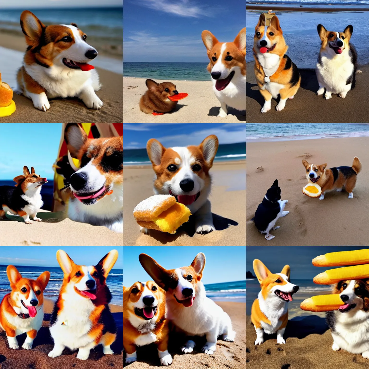 Prompt: a corgi eating a twinkie at the beach with a duck sitting next to the corgi.