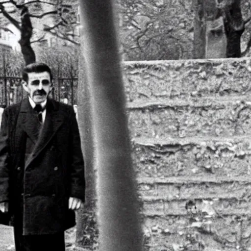 Image similar to 35mm photograph of Marcel Proust exiting a time machine in the middle of Luxembourg Gardens, Paris, 1973, in front of a stunned crowd