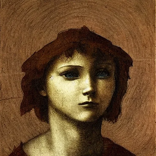 Prompt: Peter pan with a halo and a scar on his face by Leonardo DaVinci