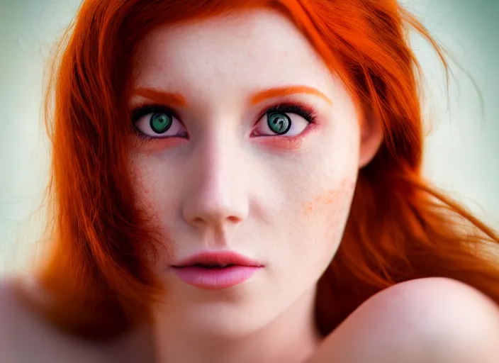 Image similar to 5 5 mm portrait photo of a redhead woman's face with ( intricate cat eyes )!!. highly detailed 8 k. intricate. lifelike. soft light. nikom d 8 5 0. cinematic post - processing