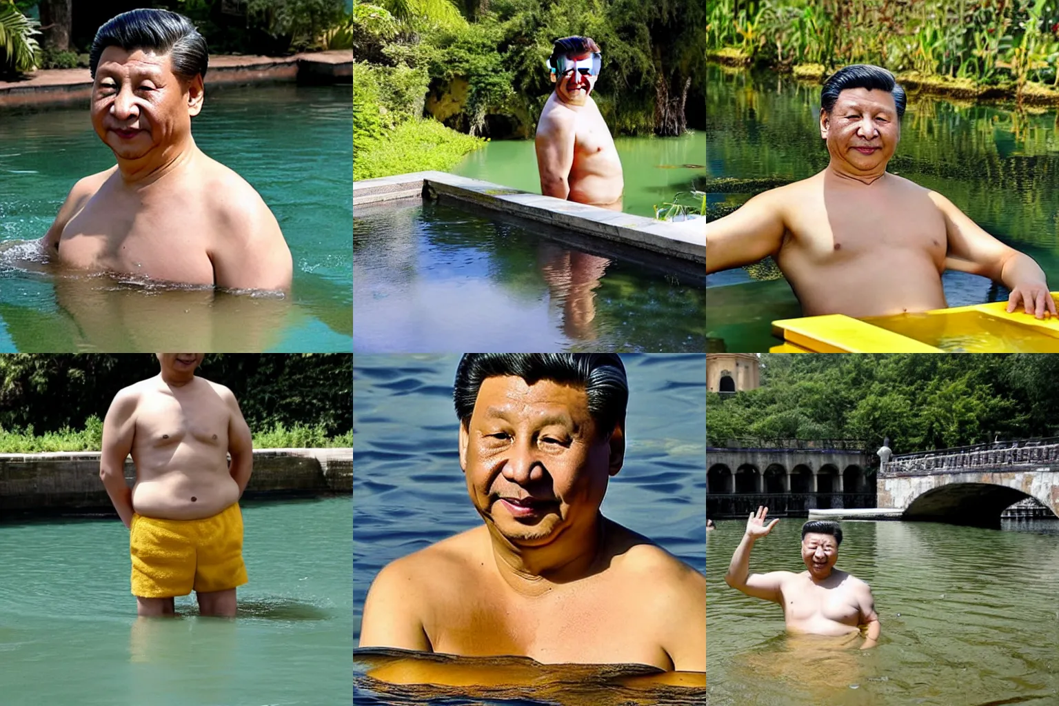 Prompt: xi jinping shirtless bathing in a yellow pond