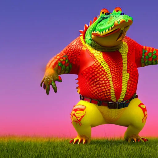 Image similar to 3 d render, anthropomorphic alligator, red scales on his back, yellow scale on his belly and chest, male, waring a hawaiian shirt, in the style of zootopia, hd, 4 k, high definition background