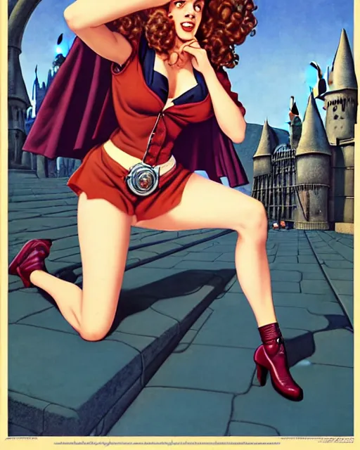 Image similar to pinup photo of of hermione granger by emma watson in the crowded square of hogwarts, by jean giraud, kezie demessance, gil elvgren, james jean, enoch bolles, glossy skin, pearlescent, anime, very coherent, flat, long shot