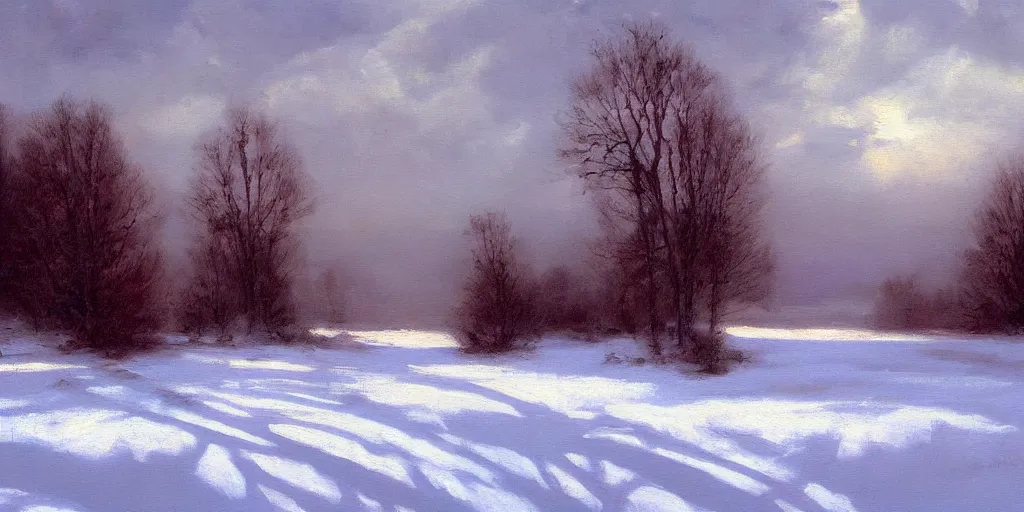 Prompt: painting a snowy landscape art by brom gerald, 8 k