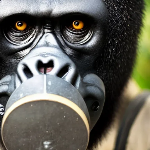 Image similar to high quality photo of A gorilla wearing a gas mask, realism, 8k, award winning photo