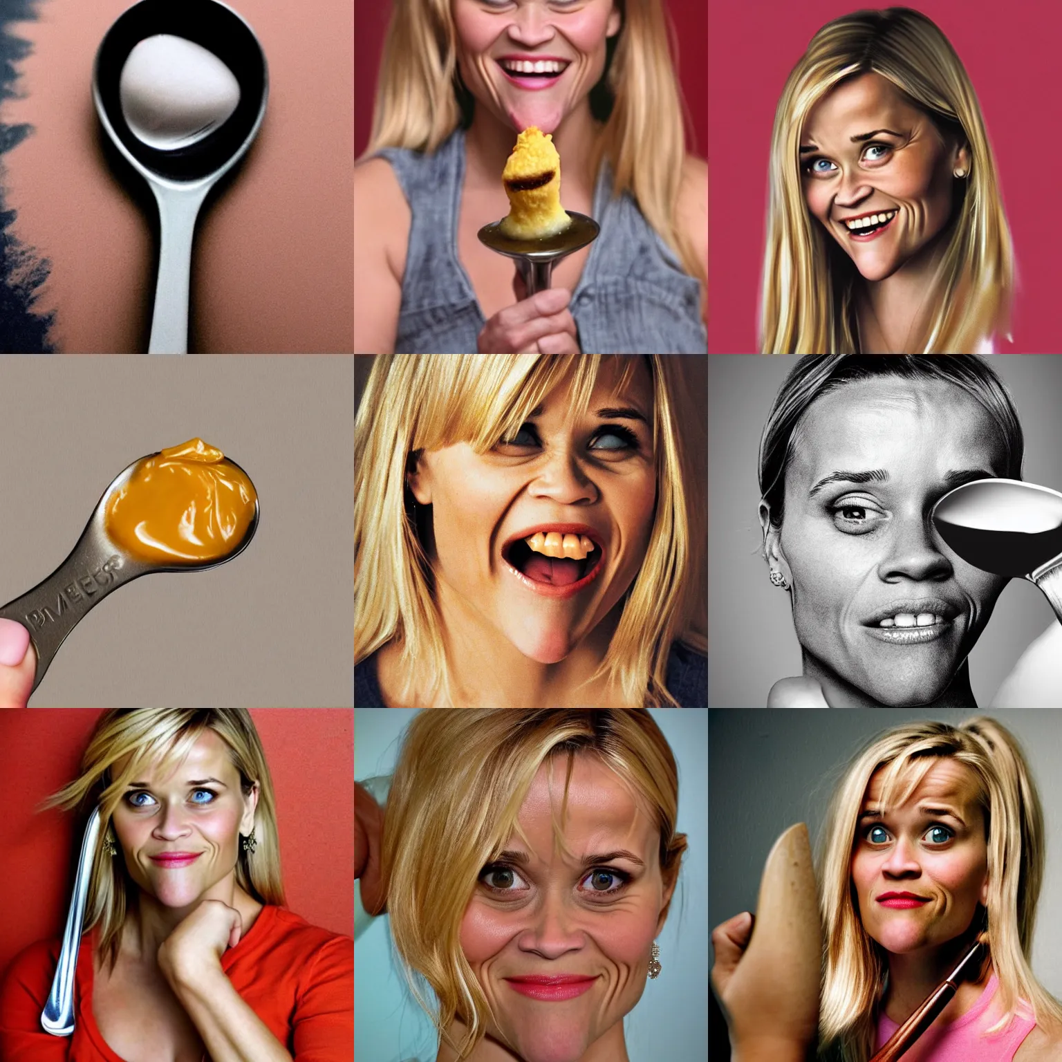 Prompt: reese witherspoons face in a spoon, reese witherspoon face, macros shot, hyper realistic