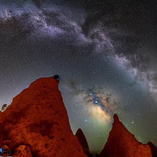 Image similar to Milky Way as seen in the night sky from stalagmite covered rock surface of an alien planet located in a different part of the galaxy, NASA true color 8k image, high detail