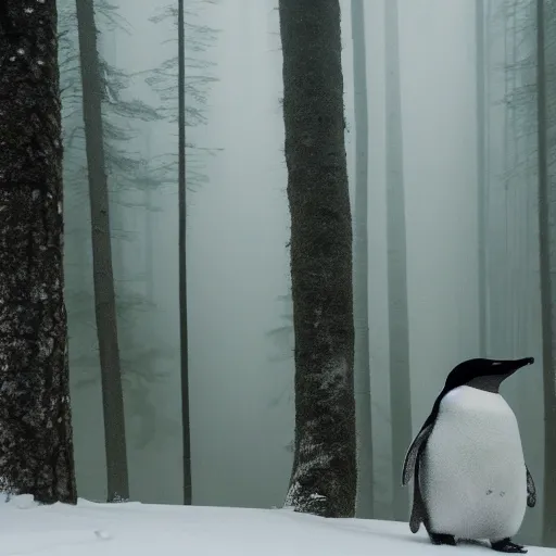 Prompt: forest penguin. penguin of the woods. high quality digital art. 4 k wallpaper. incredible quality. evocative. misty. steamy. mossy. snow. like a fairy tale. stunning image 8 k