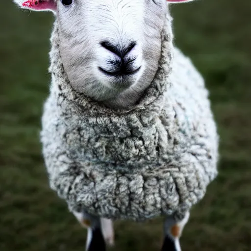 Image similar to lamb wearing a sweater, canon portrait, full body shot 4k, hills in the background, symmetry!!, coherent, photorealistic, cold colors, Scotland artstation,