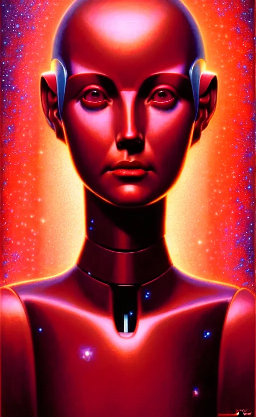 Prompt: young female robot, award winning, portrait bust, symmetry, faded red colors, galaxy background, tim hildebrandt, wayne barlowe, bruce pennington, donato giancola, larry elmore, masterpiece, trending on artstation, cinematic composition, beautiful lighting, hyper detailed!!!, 8 k, oil on canvas