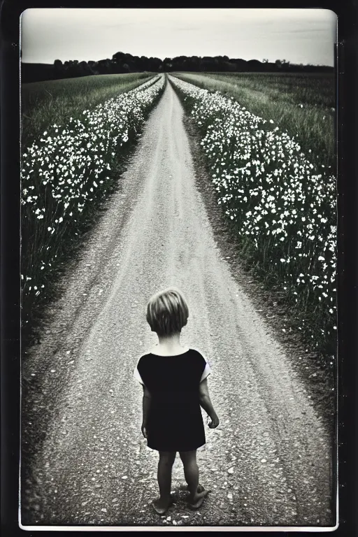 Image similar to photo polaroid of sad and lonely child in the middle of a country road with many flowers in the fields, loneliness, black and white ,photorealistic, 35mm film,