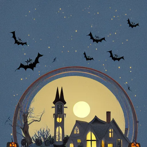 Prompt: digital Illustration of a Halloween house on a round small hill. Glaring lights coming out of the windows. backlit house, moon shining onto the house. Cinematic lighting, movie poster. Award winning digital illustration trending on artstation. art nouveau in the style of Émile Gallé. Very detailed and beautiful digital art