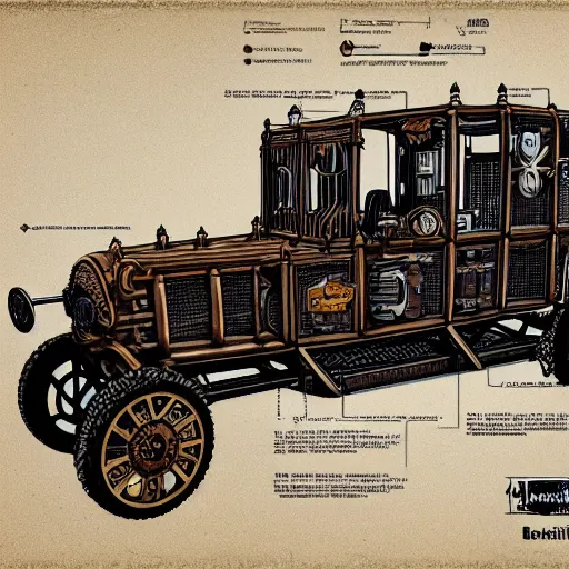 Image similar to detailed schematics of steampunk version of micheline colonial # zm 5 1 4 vehicle, steampunk, detailed,