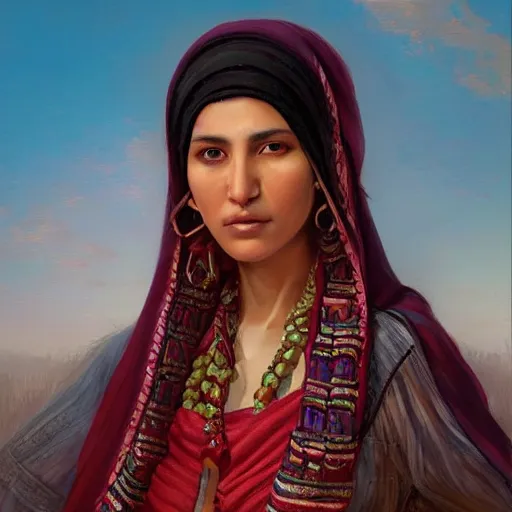 Image similar to portrait of a afghani woman ( 3 5 ) from afghanistan in 2 0 2 1, an oil painting by ross tran and thomas kincade