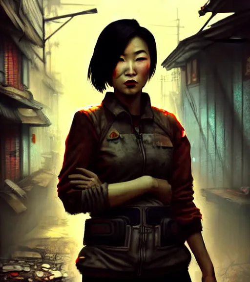 Image similar to fallout 5, charismatic beautiful rugged asian female protagonist, portrait, outdoors in a dilapidated tokyo back alley, atmospheric lighting, painted, intricate, volumetric lighting, daytime, autumn, fog, sharp focus, ultra detailed, art by william turner