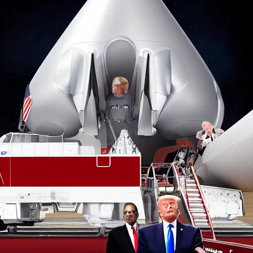 Image similar to trump standing underneath starship rocketship