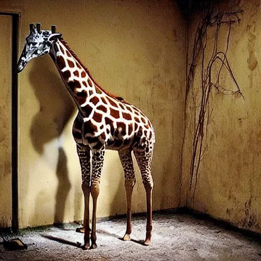 Prompt: real giraffe inside creepy scary nightmare atmosphere, horror spooky