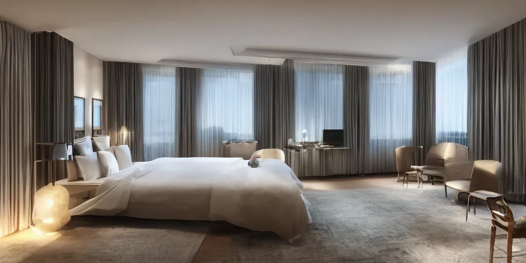 Image similar to inside view of a hotel room, unreal 5, hyperrealistic, realistic, photorealistic, dynamic lighting, highly detailed, cinematic landscape, studio landscape, studio lighting