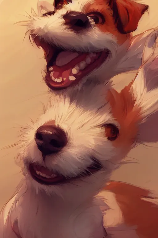 Image similar to adorable jack russel terrier smiling with her eyes closed jumping in the air, wide angle fantasy art, artstation character design contest winner, trending on cgsociety, concept art, speedpaint, beautiful digital art, jesper ejsing, james jean, justin gerard, fenghua zhong, makoto shinkai, highly detailed