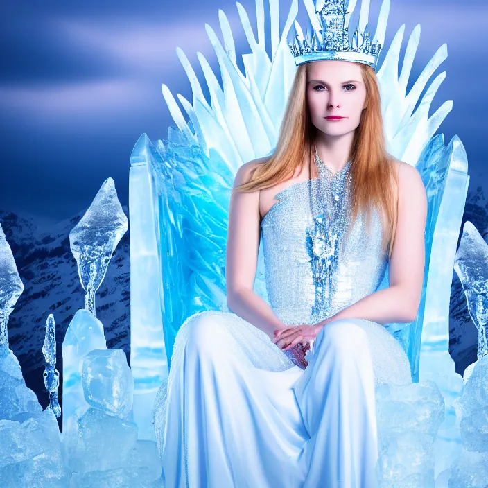 Prompt: photo of a very beautiful!! ice queen sitting on her ice throne highly detailed 8 k hdr smooth sharp focus high resolution award - winning photo