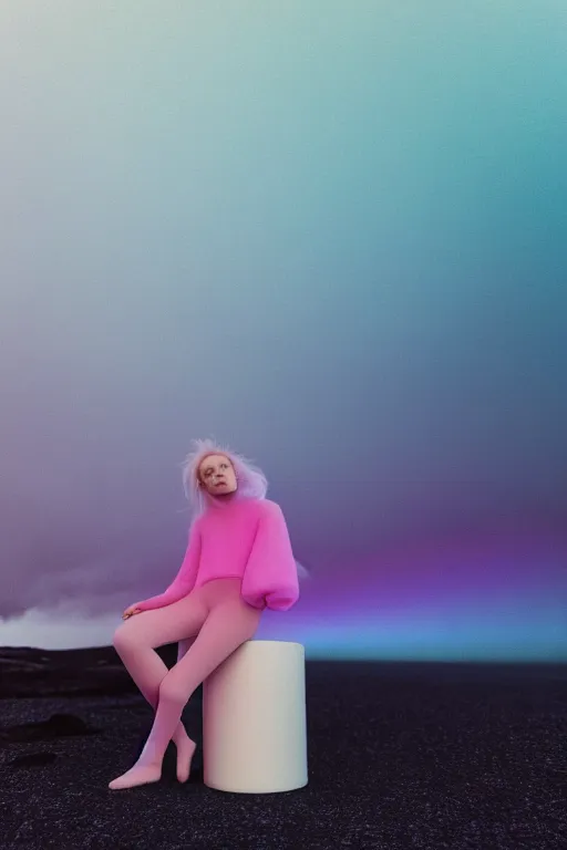 Image similar to high quality pastel coloured film photograph of a model wearing clothing resting on cloud furniture in a icelandic black rock environment in a partially haze filled dreamstate world. three point light, rainbow. photographic production. art directed. pastel colours. volumetric clouds. pastel gradient overlay. waves glitch artefacts. extreme facial clarity. 8 k. filmic.