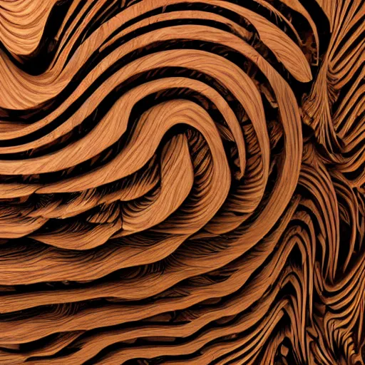 Image similar to a very intricate wood sculpture in the shape and texture of waves, fractal patterns, deep and expressive grain patterns, volumetric lighting, light rays, photorealistic, ultrarealistic, coronarender, 8k