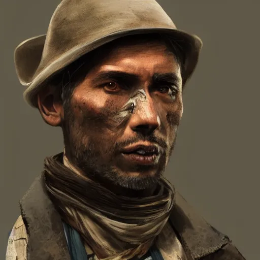 Image similar to a digital portrait of a human bounty hunter from hunt showdown, western, hyper realistic, horror, back lighting, in the style of greg rutkowski,