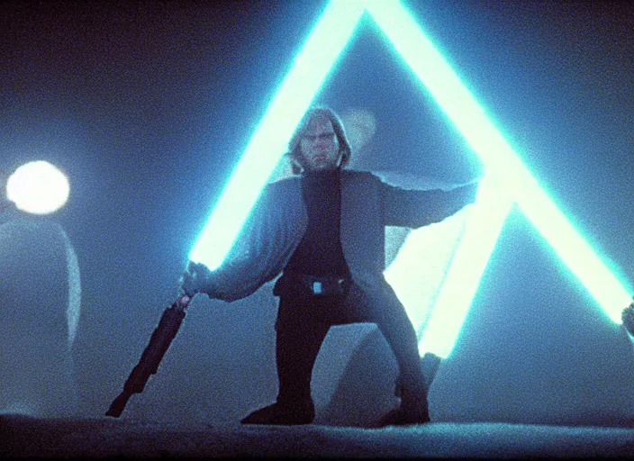 Image similar to screenshot of Luke skywalker kneeling before the larger than life glowing blue spirit of qui gon jinn at a hazy lit ancient Jedi cathedral, screenshot from the 1970s star wars thriller directed by stanley kubrick, Photographed with Leica Summilux-M 24 mm lens, ISO 100, f/8, Portra 400, kodak film, anamorphic lenses