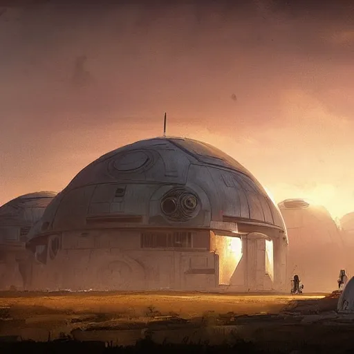 Prompt: star wars concept art by greg rutkowski, brutalist looking domes in the middle of a savannah landscape, cinematic sunset lighting, dramatic atmosphere.