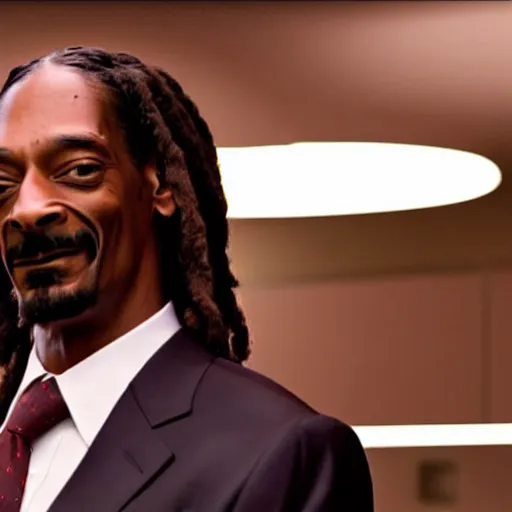 Prompt: a movie still of snoop dogg as michael scott from the office, dynamic lighting, smiling, 8 k, wearing a suit and tie, 2 0 2 2 picture of the year