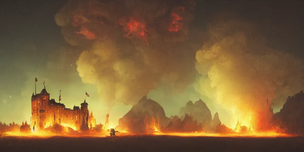 Prompt: a royal grand medieval castle on fire at night, pitch black, intense lighting, on top of a hill, from a distance, intense smoke, burning down, intense flames, center focus, landscape by simon stalenhag, rendered by beeple, by makoto shinkai, digital art