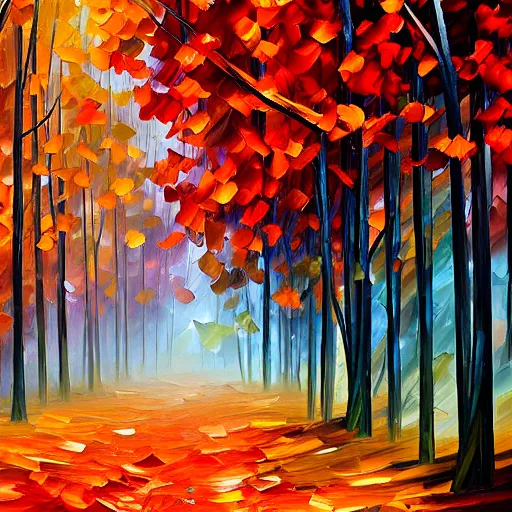 Image similar to beautiful leonid afremov painting of a foggy forest path on a lovely autumn day. trending on artstation 8k hq