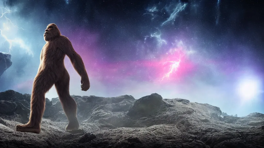 Prompt: bigfoot walking on a planet. close bottom view. whole body. nebula background. cinematic composition. cinematic lightning. ultra realistic. 8 k. highly detailled. deep space. ultra realistic details. cinematic atmosphere. studio lighting. shadows. dark background.