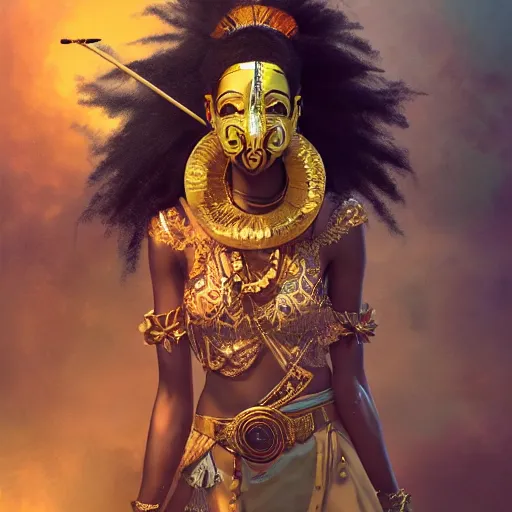 Image similar to the portrait, masked swahili female violinist, exotic costumes, gold jewelry, black dreads hair ， illustration by wenjun lin, irakli nadar, bright colors, octopath traveler, wenjun lin, unreal engine 5 highly rendered, global illumination, radiant light, detailed and intricate environment