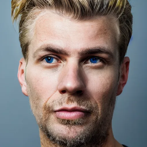 Image similar to close up of face of good looking 4 0 year old slavic blond man with blond stubble, very short wavy blond hair in a short pompadour style, pale skin, very dark blue eyes, hairy shoulders, hairy chest, portrait, 4 k