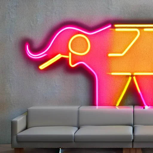 Image similar to a neon elephant yoda, placed in a large living room, art designers magazine HD photo superrealism 3d 8k resolution