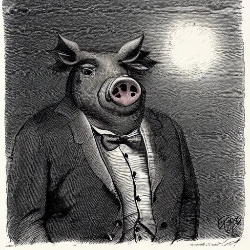 Prompt: closeup portrait of a angry pig in a tuxedo, dramatic lighting, farm background, moon, chiaroscuro, high detail, illustration by gustave dore