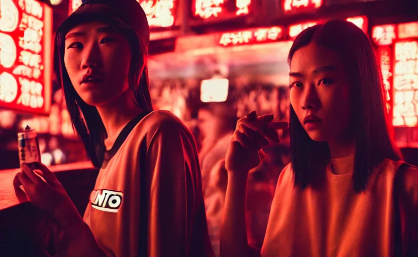 Image similar to cinestill 5 0 d photographic portrait of two female androids wearing streetwear talk at a bar in cyberpunk china, extreme closeup, modern cyberpunk, dust storm, 8 k, hd, high resolution, 3 5 mm, f / 3 2, ultra realistic faces, intricate detail, ex machina